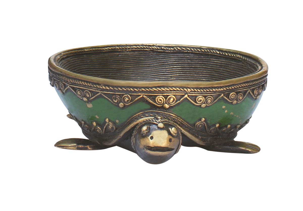  Slow & Steady - Handmade Dhokra Art Tortoise Sculpture in Green Color – Metal Bowl for Holding Keys / Coins – Antique-Look Home / Office Décor  - Buy in Bulk Wholesale