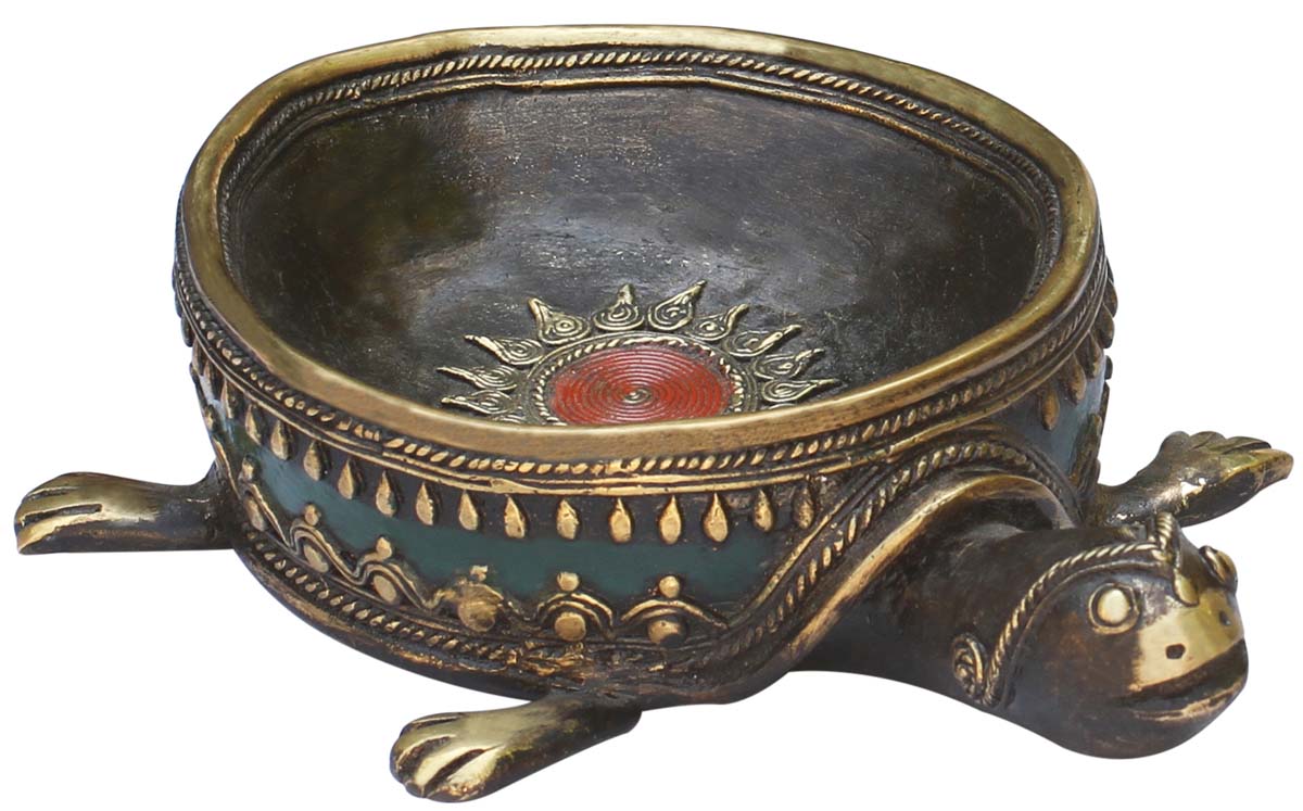  Lucky Turtle – Handmade 11.8” Metal Turtle Figure / Sculpture in the Shape of a Bowl for Holding Keys / Coins – Antique-Look Dhokra Artifacts  - Buy in Bulk Wholesale