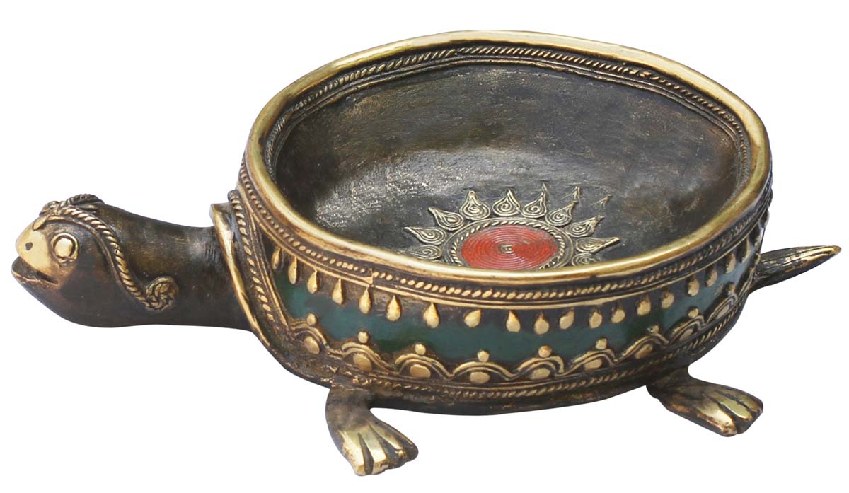  Lucky Turtle – Handmade 11.8” Metal Turtle Figure / Sculpture in the Shape of a Bowl for Holding Keys / Coins – Antique-Look Dhokra Artifacts  - Buy in Bulk Wholesale