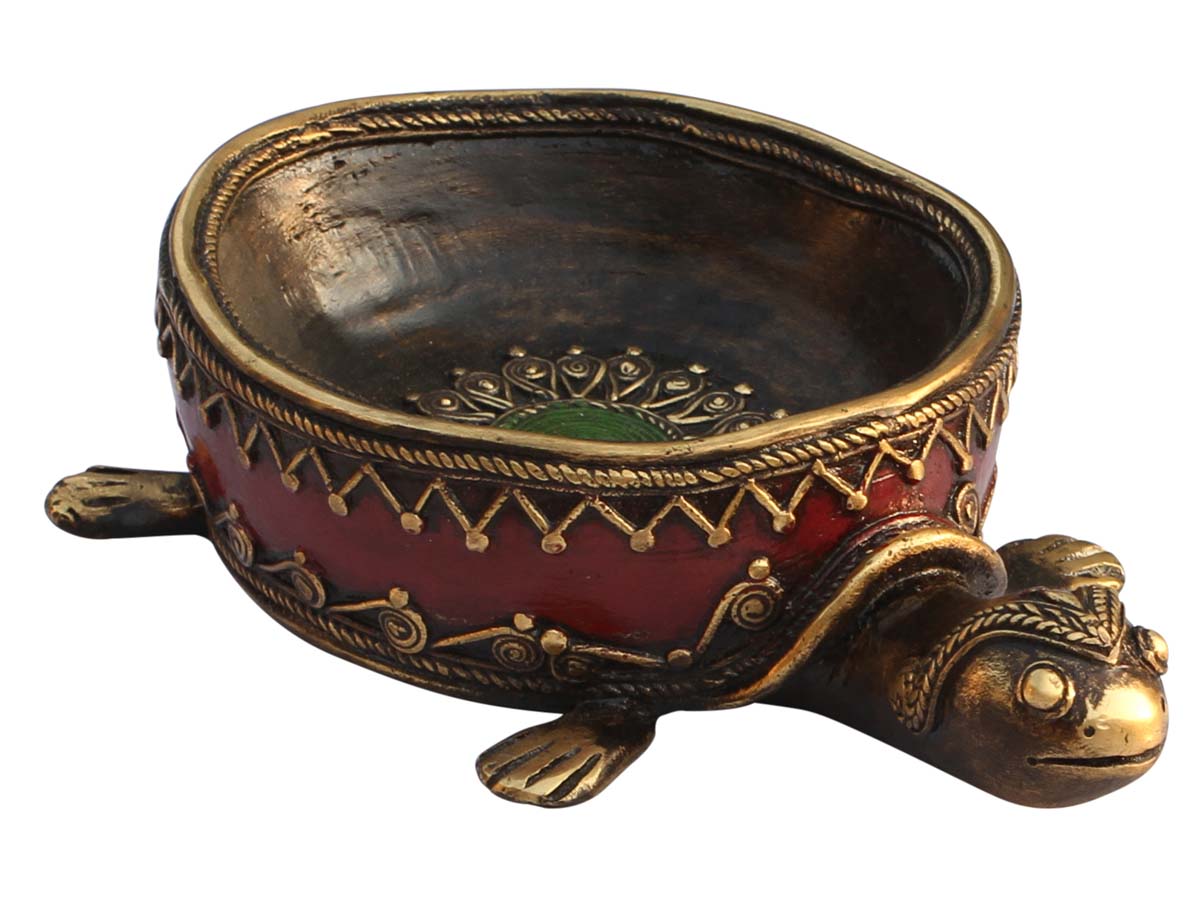  Sign of Success - Handmade 11.5” Red Turtle Figure Metal Bowl in Dhokra Art – Decorative Key Holder – Antique-Look Home Décor  - Buy in Bulk Wholesale
