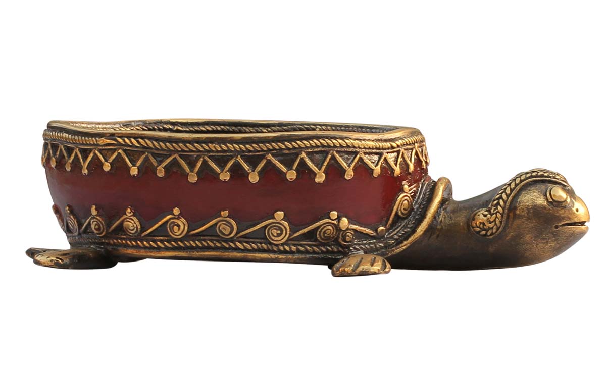  Sign of Success - Handmade 11.5” Red Turtle Figure Metal Bowl in Dhokra Art – Decorative Key Holder – Antique-Look Home Décor  - Buy in Bulk Wholesale