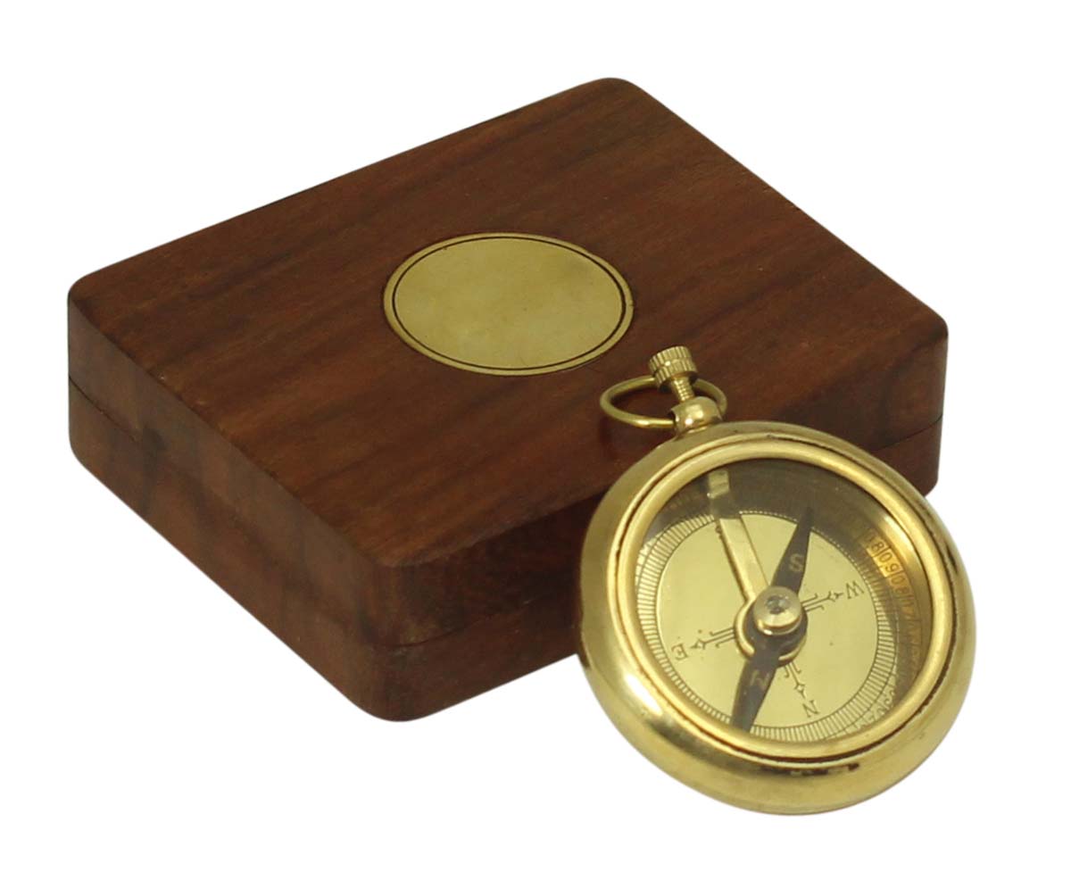 Magnetic Compass in Brass with Wooden Storage Box – 3.5” Nautical Device / Vintage-Look Collectibles / Gifts from India - Buy in Bulk Wholesale