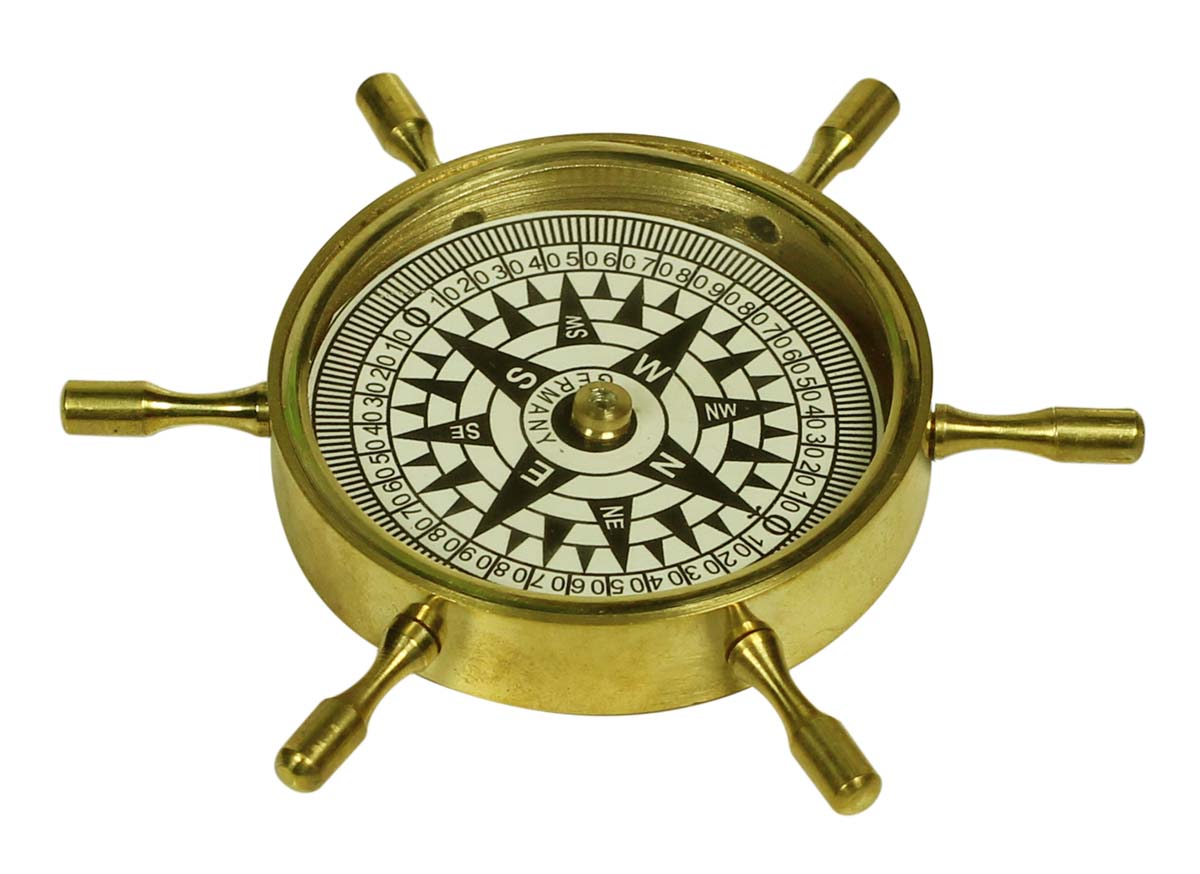 Nautical Wheel Magnetic Compass in Brass & Wood – 5.5” Retro-Look Functional Magnetic Marine Device - Corporate & Personal Gifts from India - Buy in Bulk Wholesale