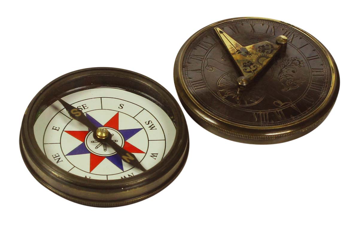 Nautical Rashi Compass with Lid in Brass – 3” Magnetic Device with Clock Engraved Imprint - Antique-Look Collectibles / Gifts from India - Buy in Bulk Wholesale