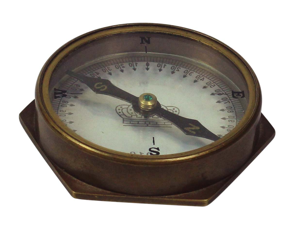 Glass Compass in Brass & Wood – 3” Magnetic Device with Hexagonal Edges - Retro-Look Collectibles / Gifts from India - Buy in Bulk Wholesale