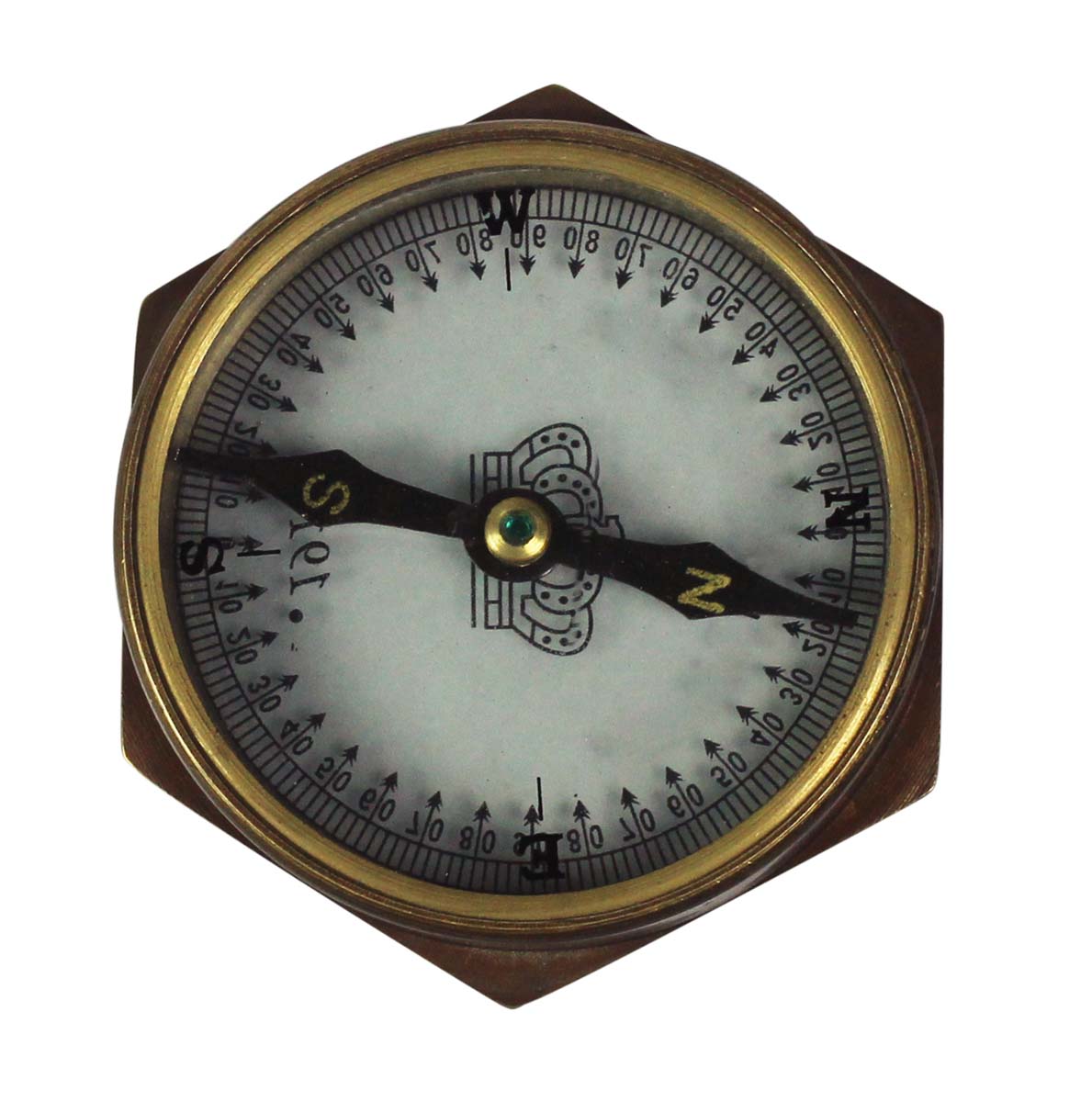 Glass Compass in Brass & Wood – 3” Magnetic Device with Hexagonal Edges - Retro-Look Collectibles / Gifts from India - Buy in Bulk Wholesale