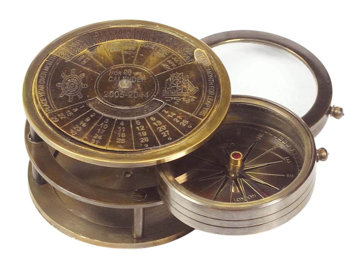 Nautical Compass with Lens in Brass – 2.5” Retro-Look Magnetic Device with Engraved Imprint of Calendar & Wheel - Corporate & Personal Gifts from India. Buy in Bulk Wholesale - Buy in Bulk Wholesale