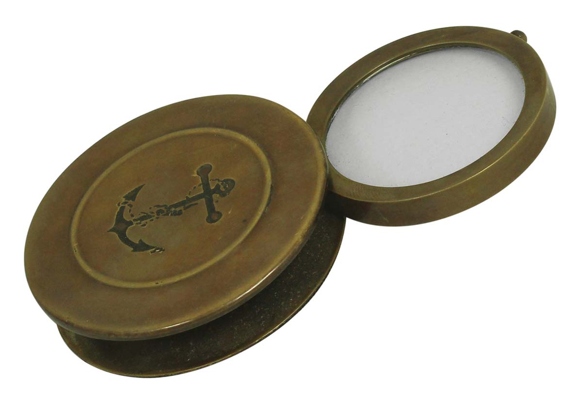 3” Folding Magnifying Glass / Lens in Golden Brass with Anchor Imprint – Handheld Magnifier / Nautical Device / Vintage-Look Collectibles / Gifts from India - Buy in Bulk Wholesale