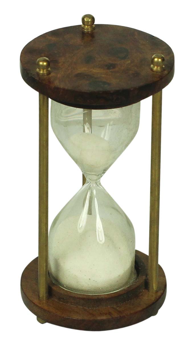 3 Minute Hourglass / Sand Timer in Brass & Wood – 4.5” Nautical Device with White Sand – Vintage-Look Collectibles / Gifts from India - Buy in Bulk Wholesale