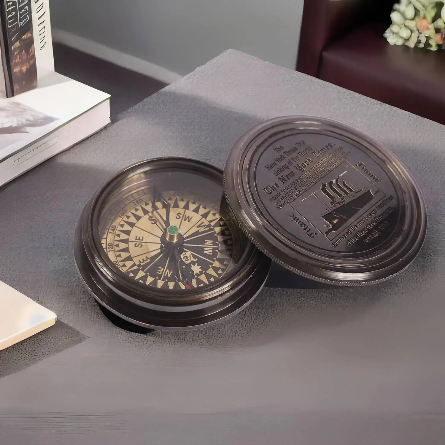 ArtistryBazaar 2.4” D Small Round Nautical Brass Compass Device – Two Part Engraved Sinking Titanic News & Pictures - Retro Maritime Antique Vintage Blackened Look Replica Marine Collectible – Handy Pocket Size Compass - Great Corporate & Personal Gifts
