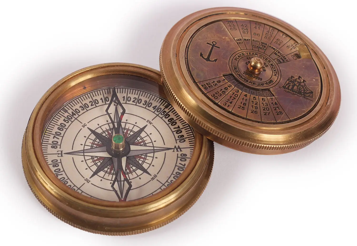 ArtistryBazaar 2.2” D Small Round Nautical Brass Compass Device – Two Part Engraved Anchor & Sailing Ship Picture Calendar Compass - Retro Maritime Antique Vintage Blackened Look Replica Marine Collectible – Handy Pocket Size Compass - Great Corporate & Personal Gifts