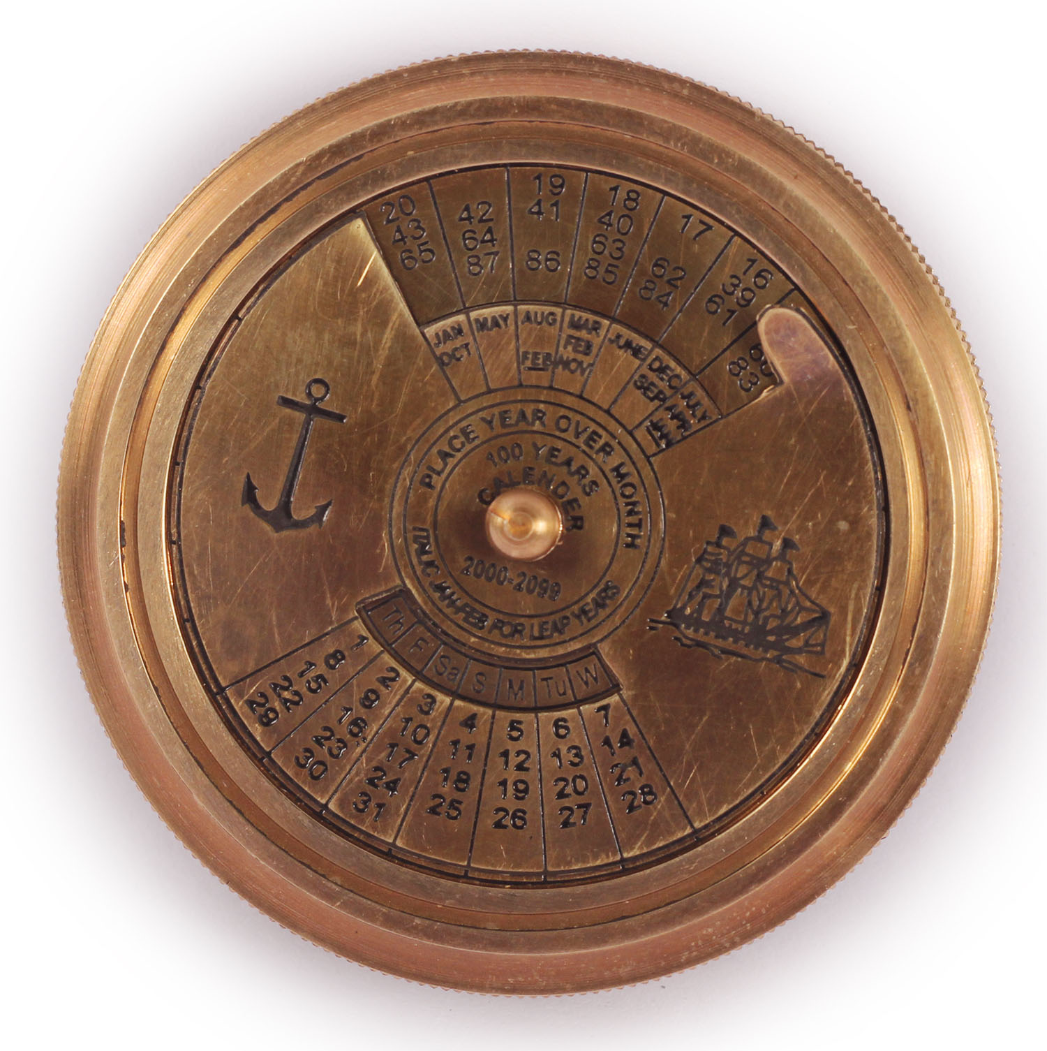 ArtistryBazaar 2.2” D Small Round Nautical Brass Compass Device – Two Part Engraved Anchor & Sailing Ship Picture Calendar Compass - Retro Maritime Antique Vintage Blackened Look Replica Marine Collectible – Handy Pocket Size Compass - Great Corporate & Personal Gifts