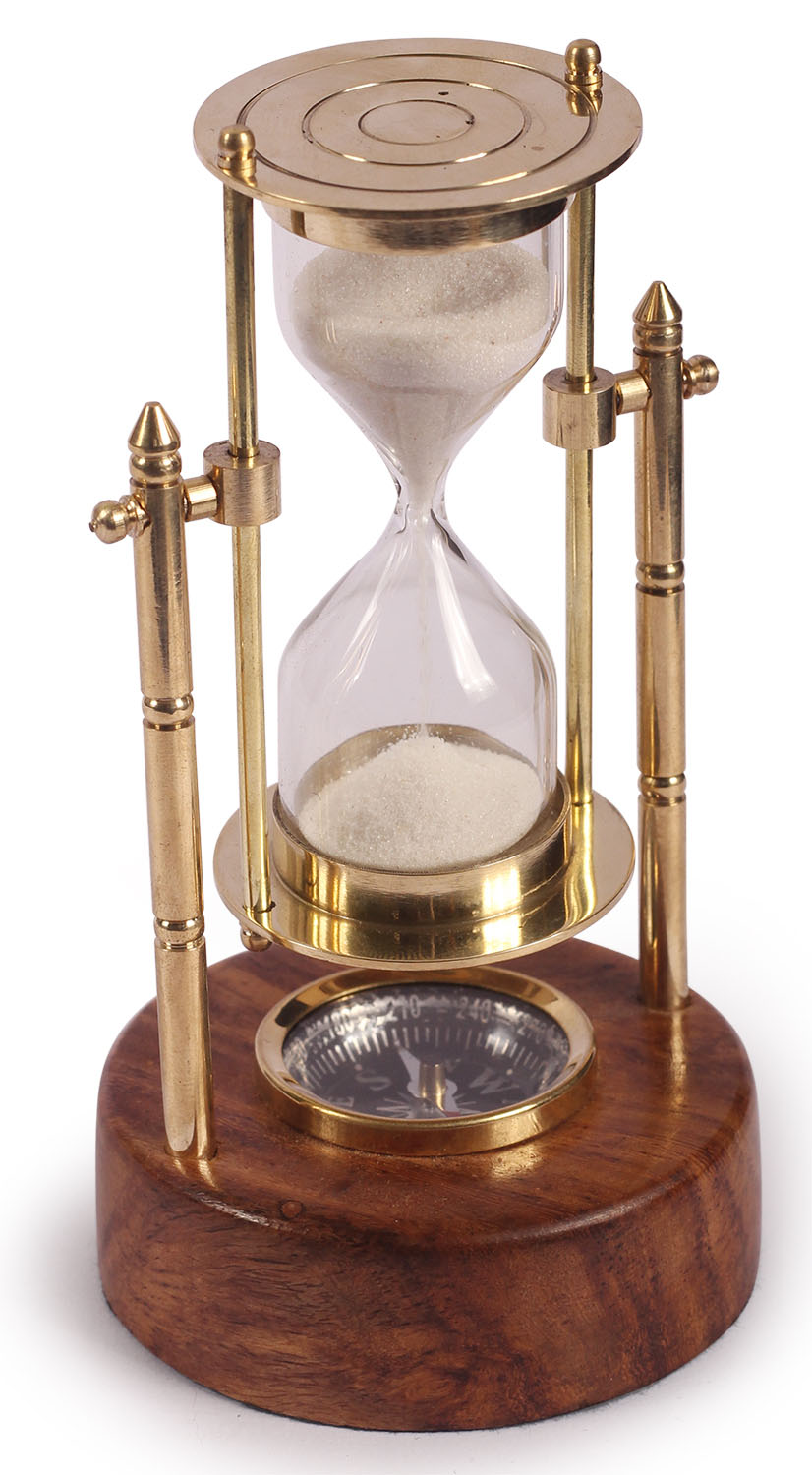 ArtistryBazaar 2.8" W X ArtistryBzaar 6” H Nautical Rotating Brass Hourglass Sand Timer / Sand Clock With
Compass – Wooden Base -Maritime Antique Vintage Look Replica Marine Collectible –
Home Décor Table Top Home Library / Office Table Accessories - Great Corporate &amp;
Personal Gifts6" H X 2.8" L Brass antique sand timer with compass  on wooden base Hour glass clock nautical theme for office, desk, tabletop décor