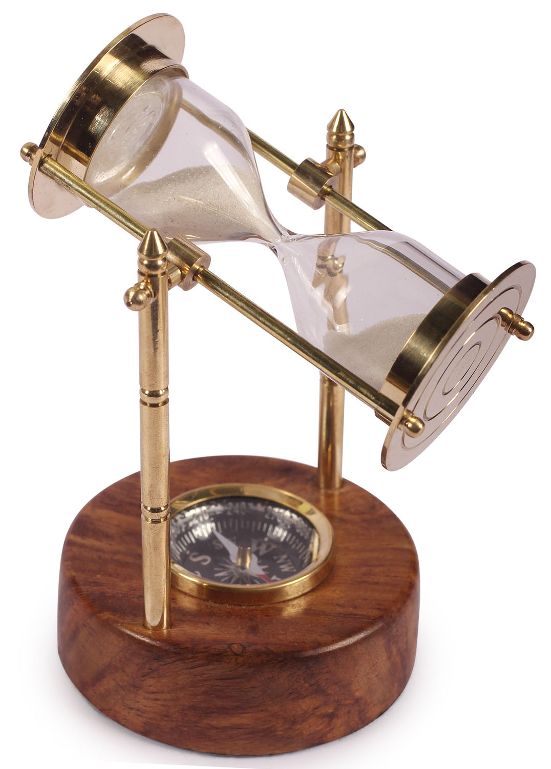 ArtistryBazaar 2.8" W X ArtistryBzaar 6” H Nautical Rotating Brass Hourglass Sand Timer / Sand Clock With
Compass – Wooden Base -Maritime Antique Vintage Look Replica Marine Collectible –
Home Décor Table Top Home Library / Office Table Accessories - Great Corporate &amp;
Personal Gifts6" H X 2.8" L Brass antique sand timer with compass  on wooden base Hour glass clock nautical theme for office, desk, tabletop décor