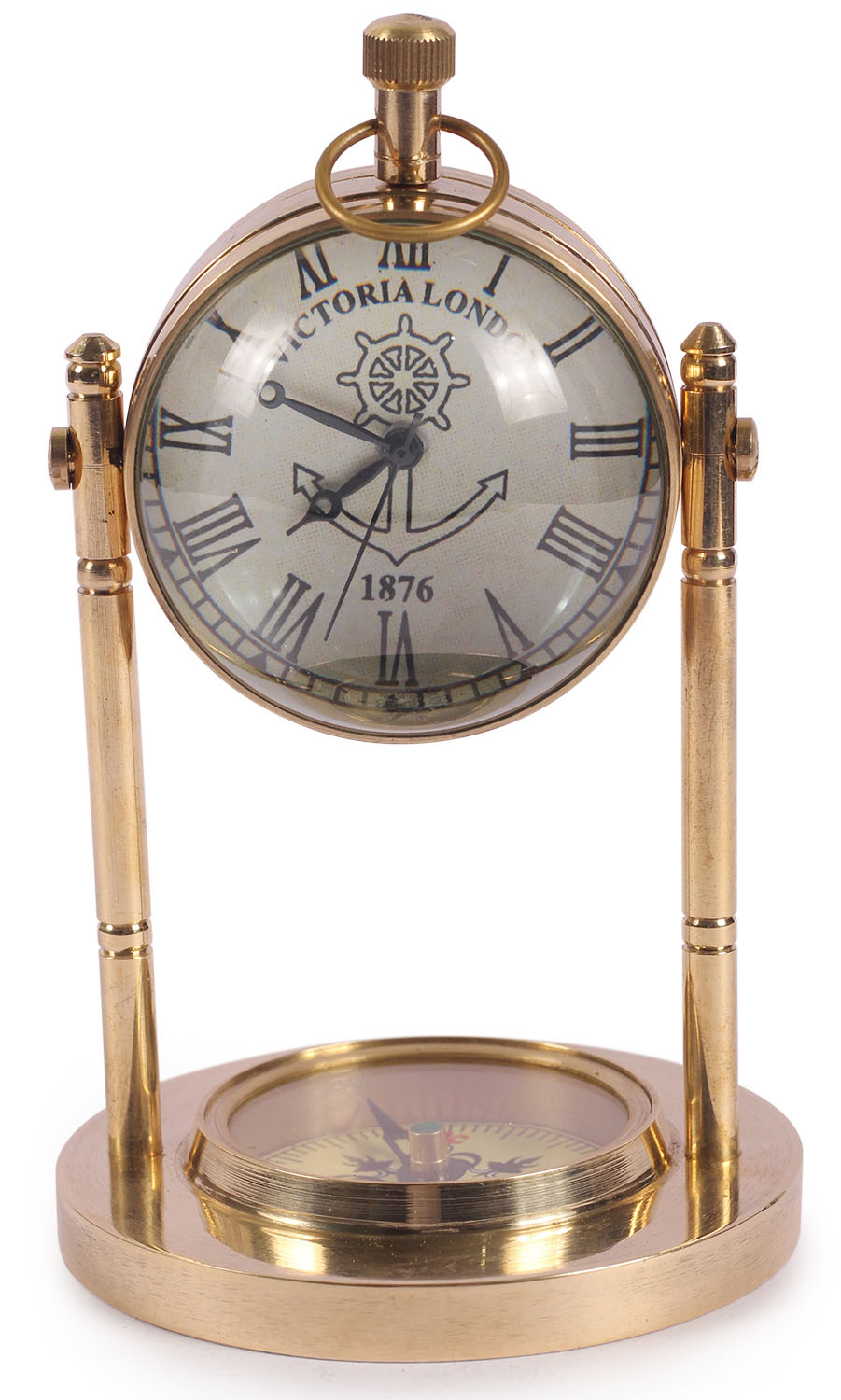 ArtistryBzaar 4.5” H Nautical Rotating Glass Clock In Brass Frame With Nautical Compass
In Base – Maritime Antique Vintage Look Replica Marine Collectible – Home Décor Table
Top Home Library / Office Table Accessories - Great Corporate &amp; Personal Gifts