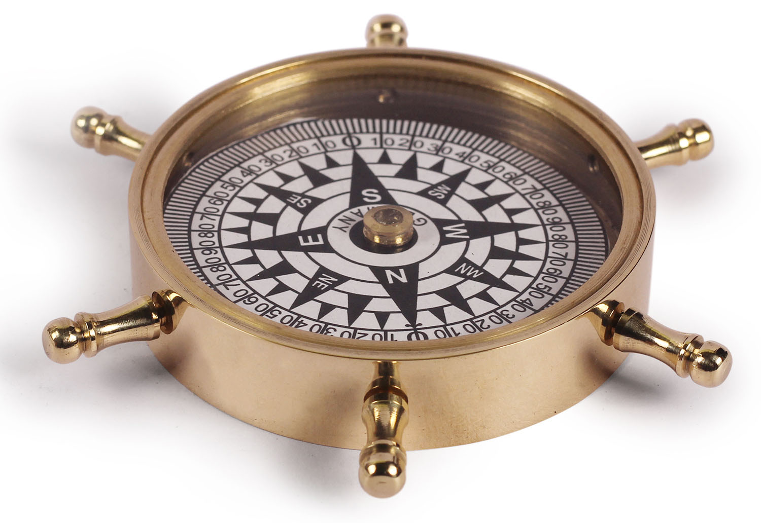 ArtistryBazaar 3.5” D Small Round Nautical Brass Compass Device – Ship’s Wheel ShapedCompass – Golden Tone Finish – Maritime Antique Vintage Look Replica Marine Collectible– Handy Pocket Size Compass - Great Corporate &amp; Personal Gifts