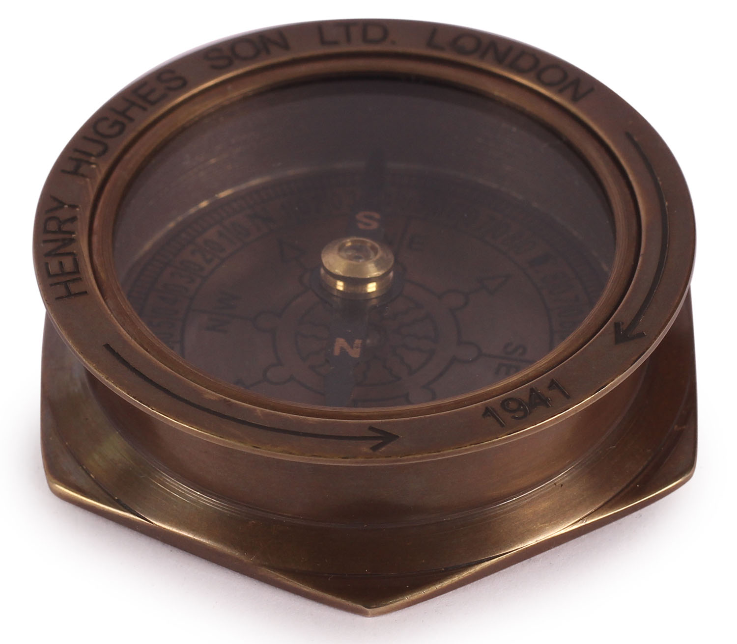 ArtistryBazaar Small Cute Round Nautical Brass Compass Device With Hexagonal Base - Glass Top Case With Dark Antiqued Copperish Finish – Engraved Maritime Directional Navigational Instrument - Marine Replica Collectible – Handy Pocket Size Compass - Great Corporate &amp; Personal Gifts