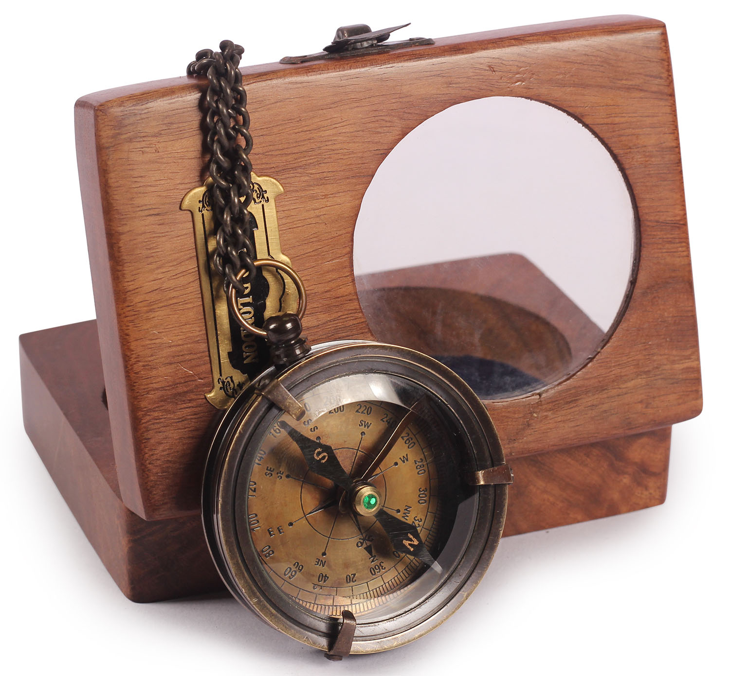 ArtistryBazaar 2.6” D Small Round Nautical Brass Compass Device With Chain &amp; Wooden
Box – Engraved Maritime Antique Vintage Look Replica Marine Collectible – Handy Pocket
Size Compass - Great Corporate &amp; Personal Gifts