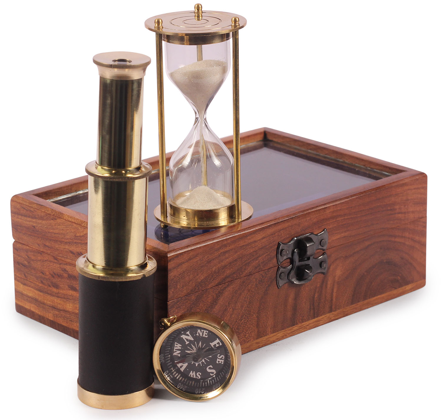 ArtistryBazaar 4.5" W X 2.4" H X 6.5"L Nautical gift box set of brass telescope sextant and sand timer key ring with wooden box nautical gift box 