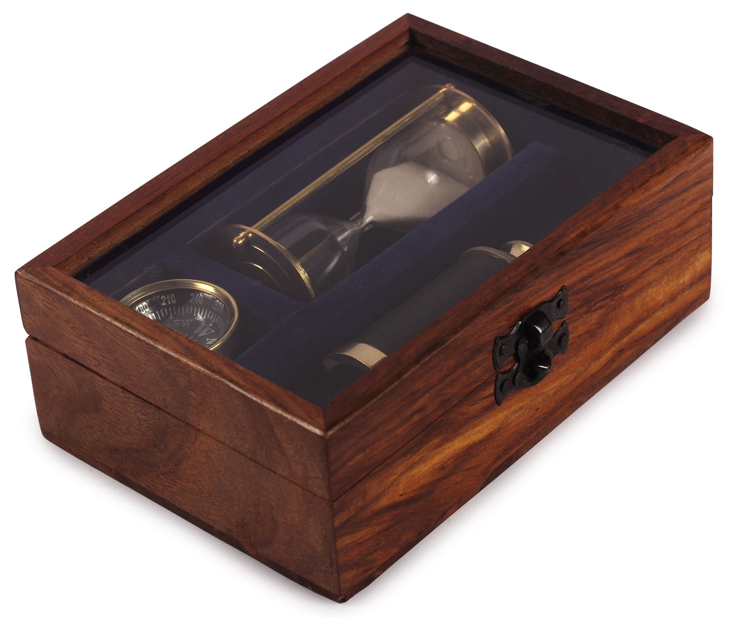 ArtistryBazaar 4.5" W X 2.4" H X 6.5"L Nautical gift box set of brass telescope sextant and sand timer key ring with wooden box nautical gift box 