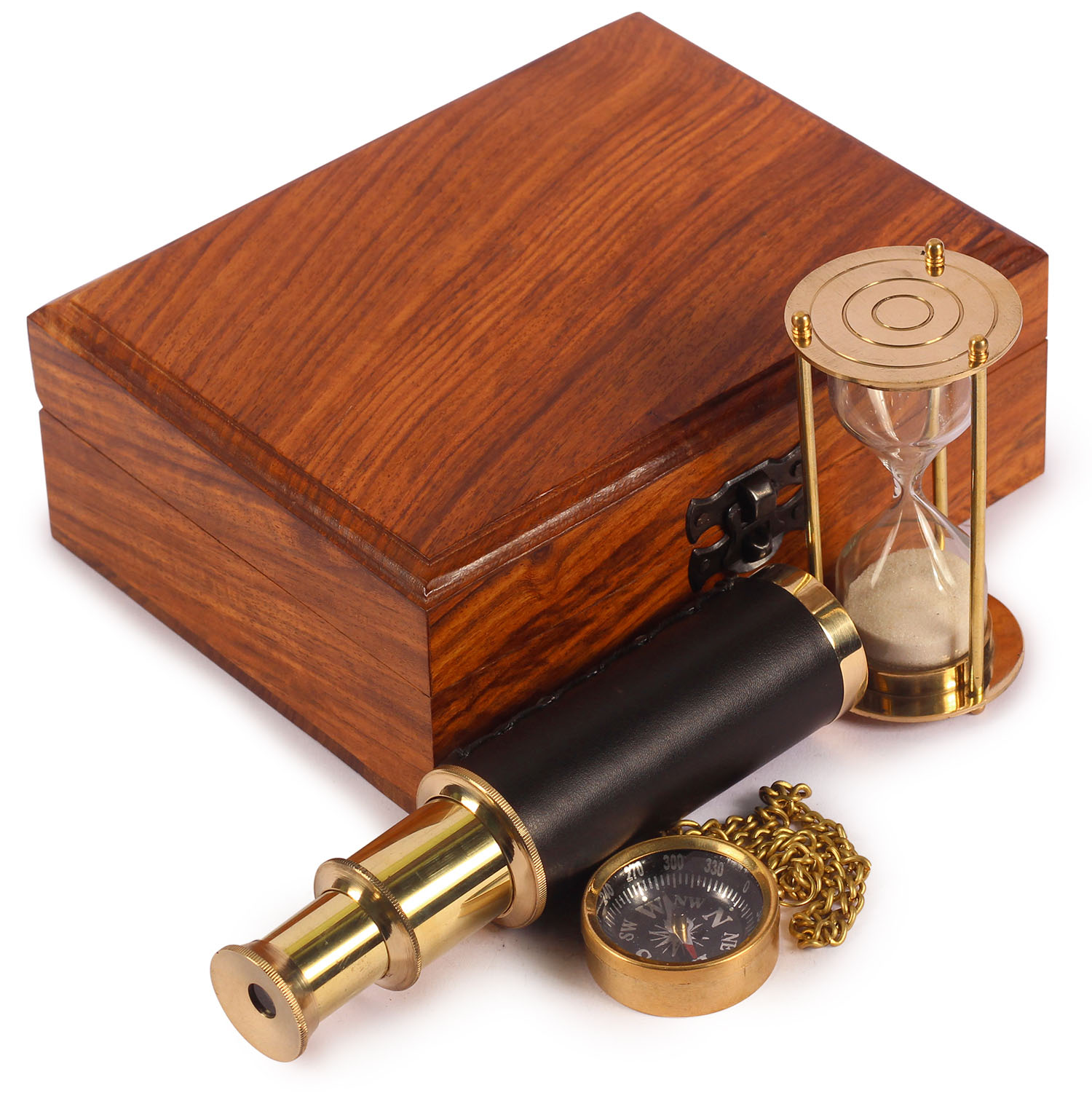 ArtistryBazaar 5" W X 2.4" H X 6.8"L Nautical gift box set of brass telescope chain sextant and sand timer key ring with wooden box nautical gift box 