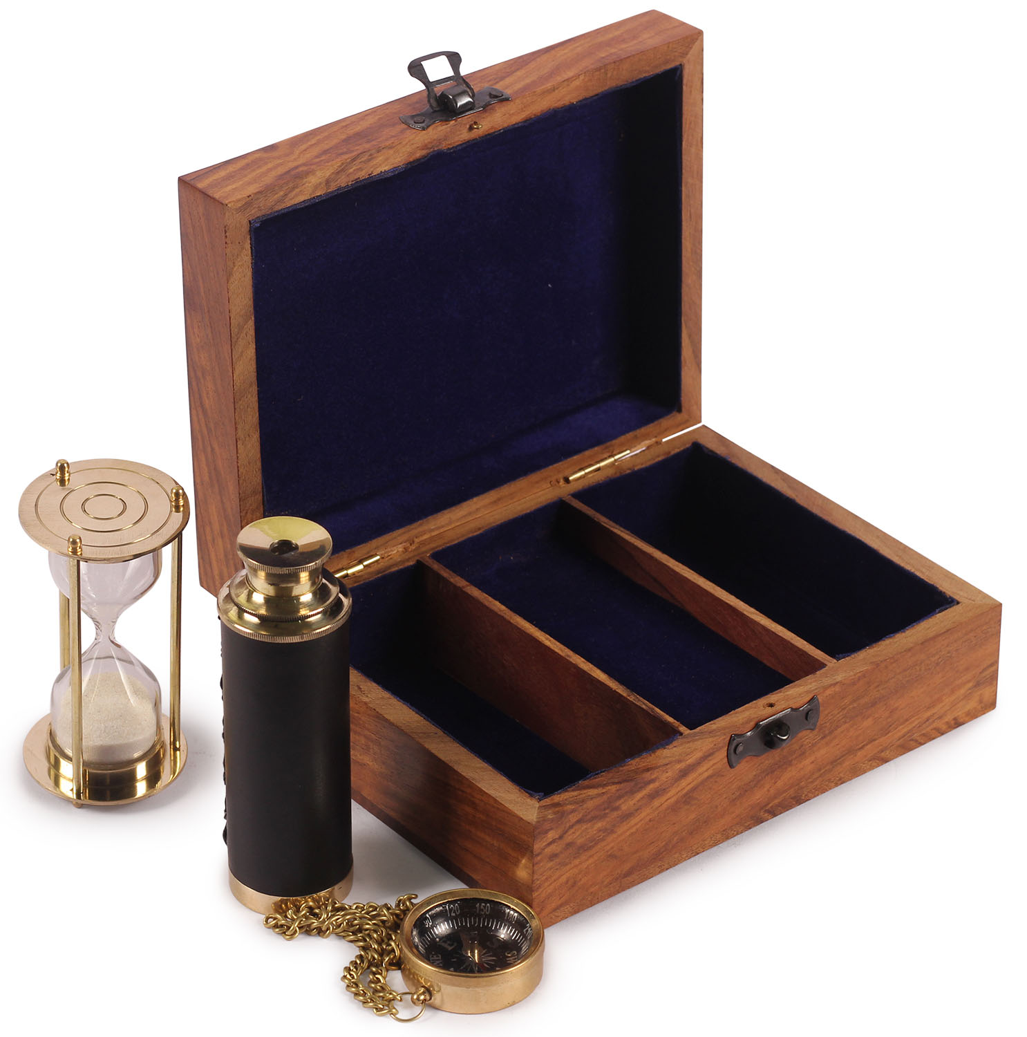 ArtistryBazaar 5" W X 2.4" H X 6.8"L Nautical gift box set of brass telescope chain sextant and sand timer key ring with wooden box nautical gift box 