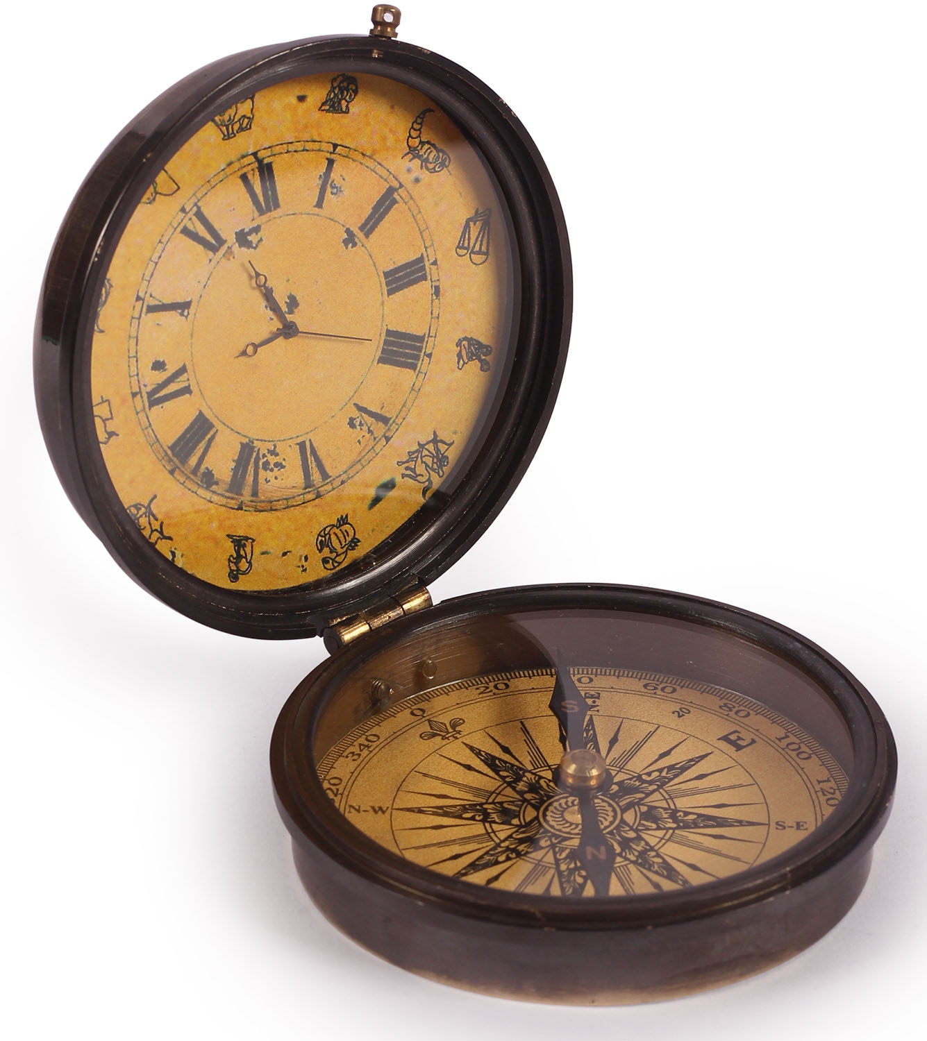 ArtistryBazaar 3" WX 1" H X 3.4" L handmade Nautical Ship Compass Clock Solid Brass Made Pocket Compass Watch Vintage 