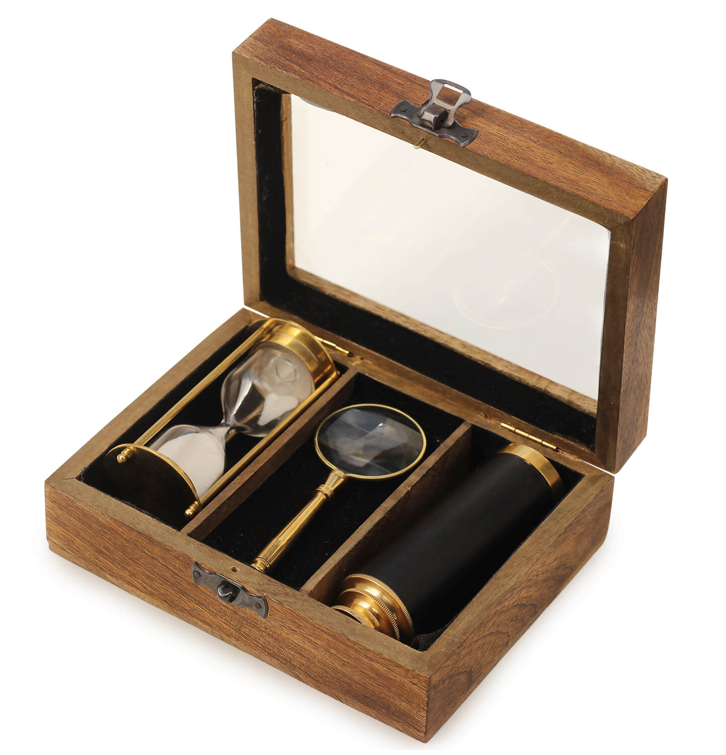 ArtistryBazaar Nautical Unique Handheld Pirate Brass Telescope,Sand Timer, Magnifying with Handcrafted Wooden Box (3 Piece Set Item) Home Decor and Gifted Item