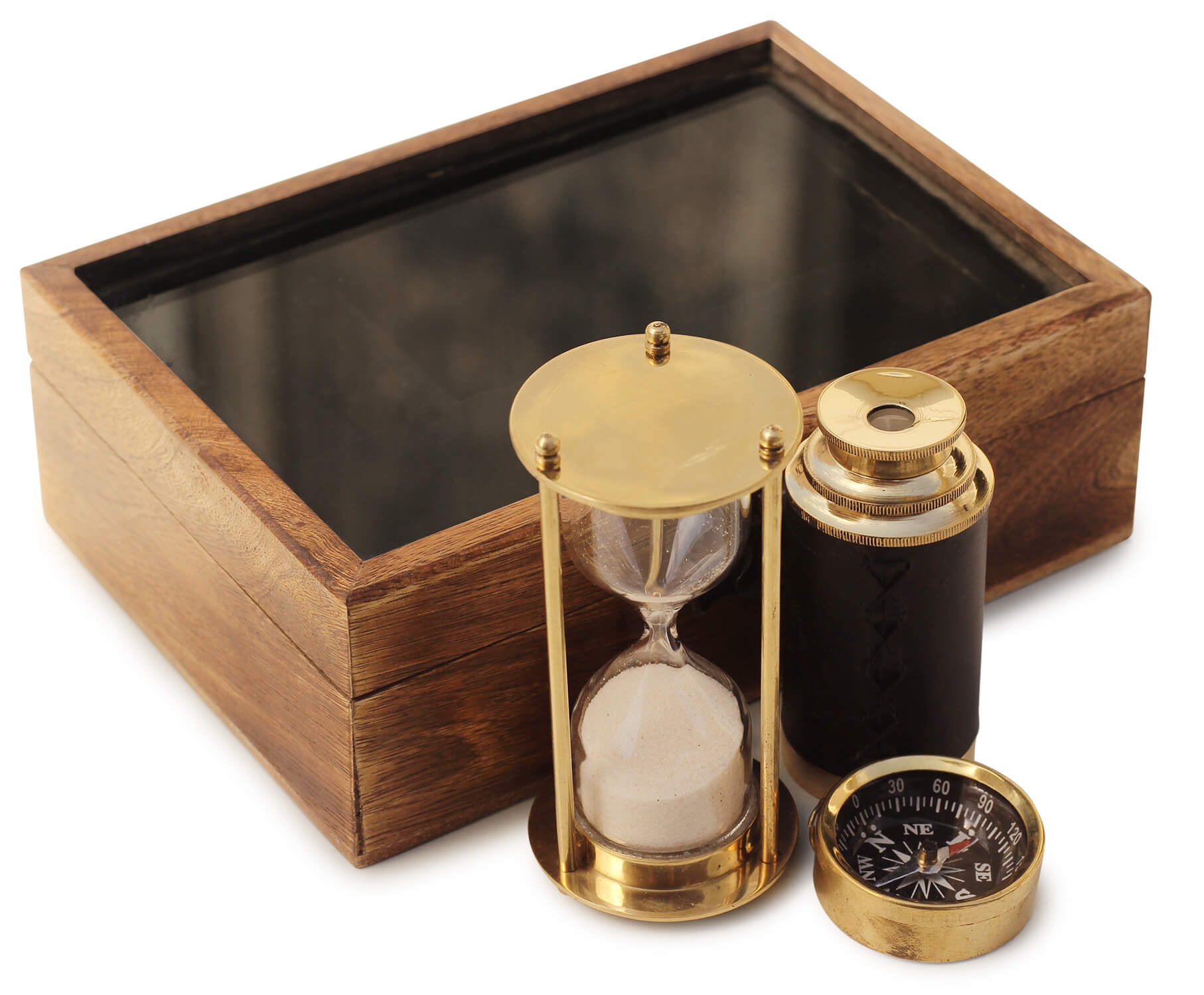 ArtistryBazaar Handmade Nautical A Lot of 3 Pieces Set Telescope-Sandtimer or Hourglass & Compass with Wooden Box Rustic Vintage Home Decor Gifts