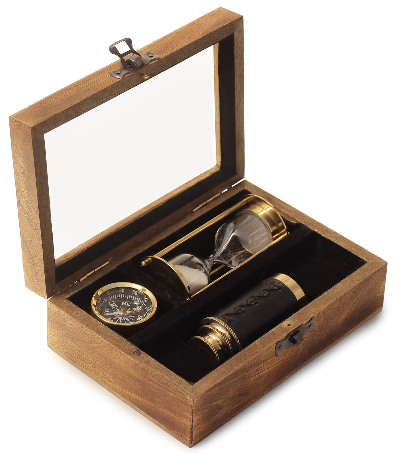 ArtistryBazaar Handmade Nautical A Lot of 3 Pieces Set Telescope-Sandtimer or Hourglass & Compass with Wooden Box Rustic Vintage Home Decor Gifts