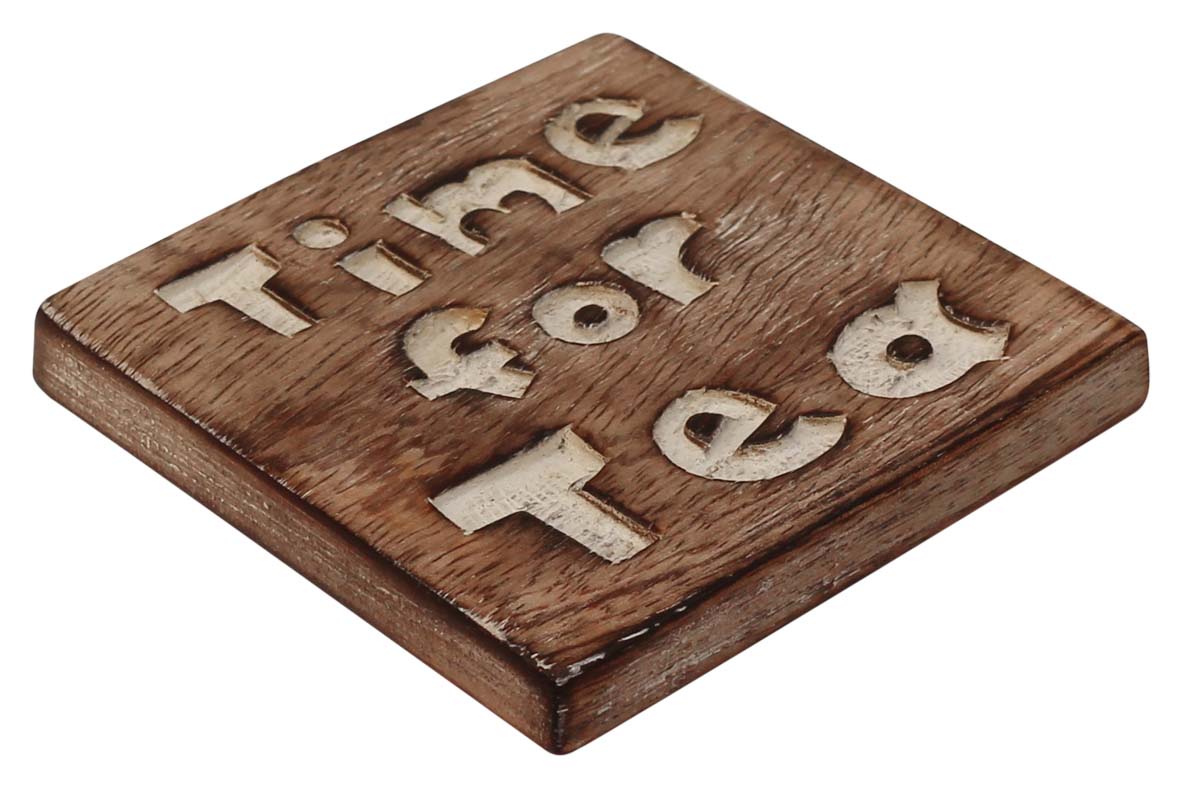 Buy in Bulk Wholesale Set of 4 Beverage Coasters-Rustic Hand Carved ‘Time for Tea’ Wooden Coasters - Bar/Dining Accessories & Supplies