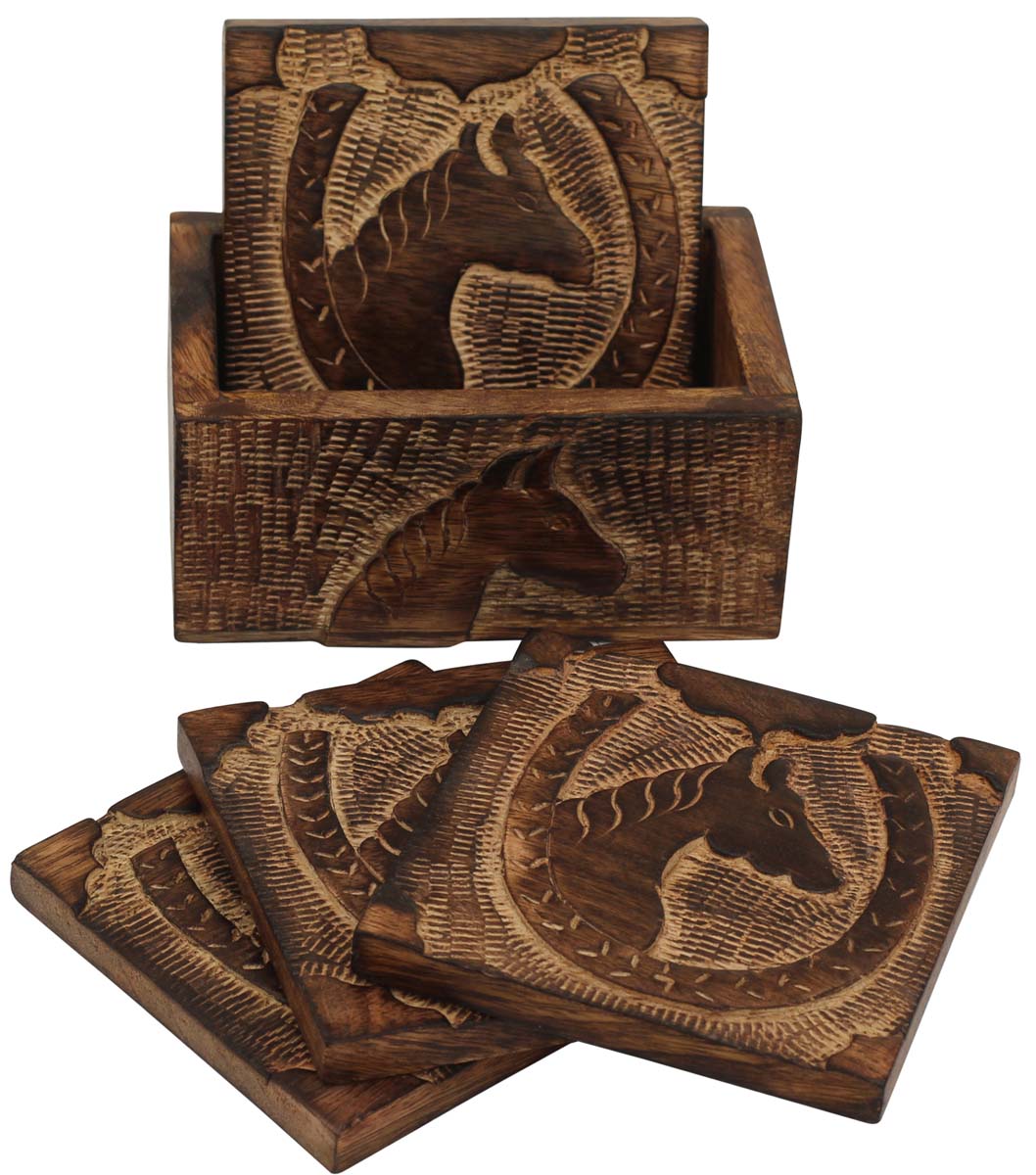 Set of 4 Wooden Beverage Coasters & Holder – Square Coasters – Burnished Wood Finish Carved Horse & Horseshoe Motif – Bar / Dinning Accessories - Buy in Bulk Wholesale