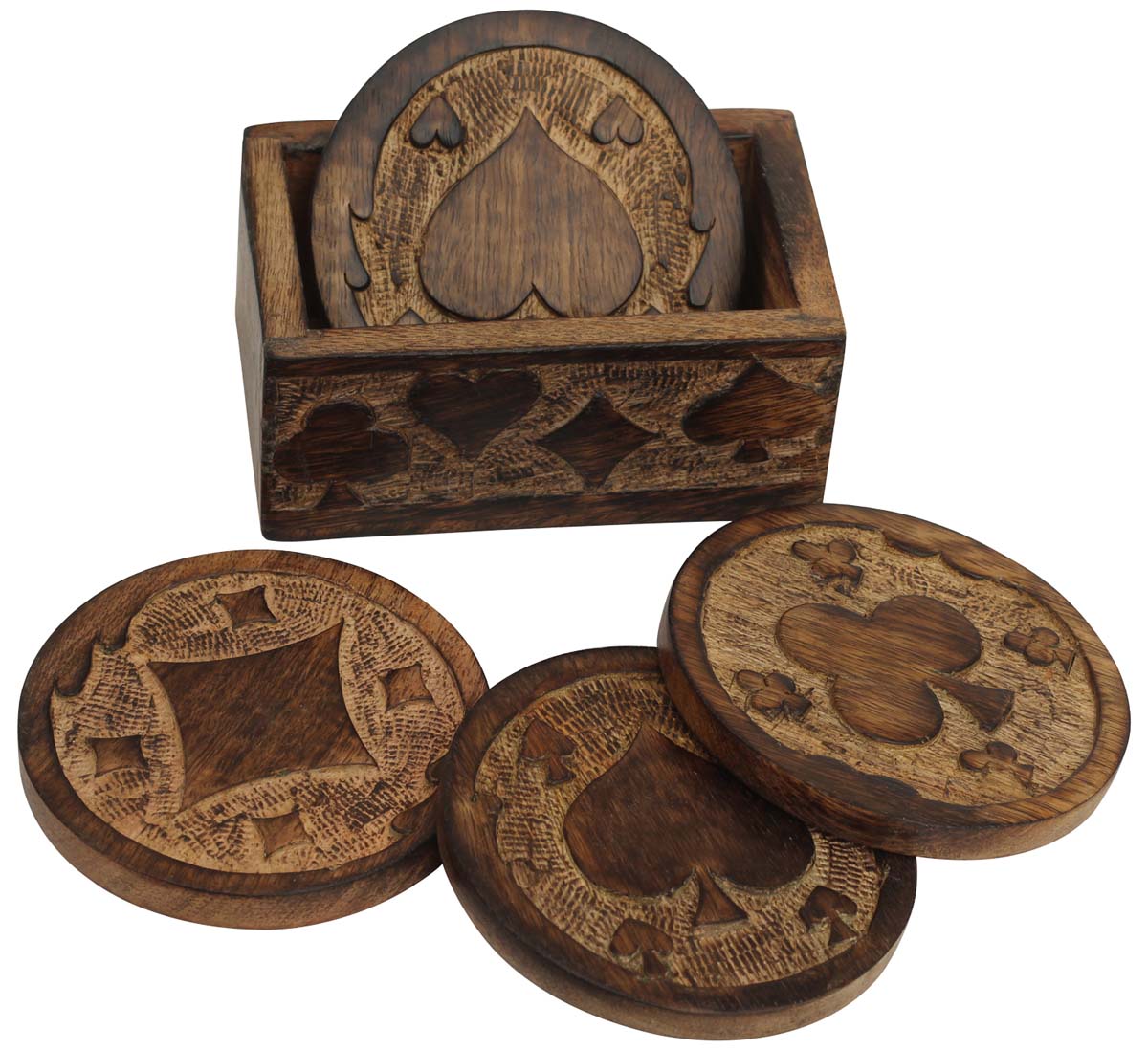 Bulk Wholesale Wooden Set of 4 Coasters with Holder - 4" Hand-Carved with Motifs of 4 Suits - Dining Table Essentials/Kitchen Accessories/Gifts