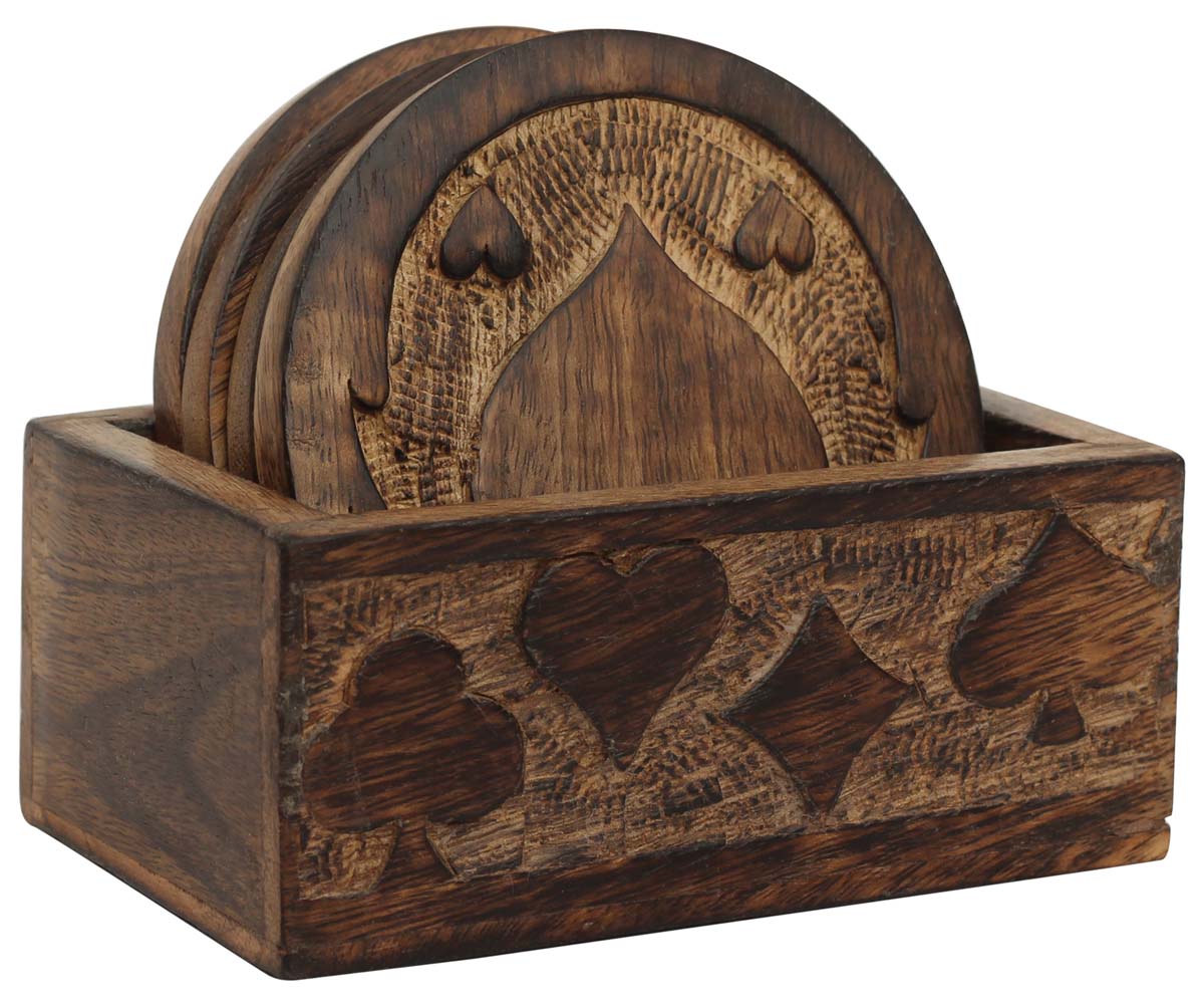 Bulk Wholesale Wooden Set of 4 Coasters with Holder - 4" Hand-Carved with Motifs of 4 Suits - Dining Table Essentials/Kitchen Accessories/Gifts