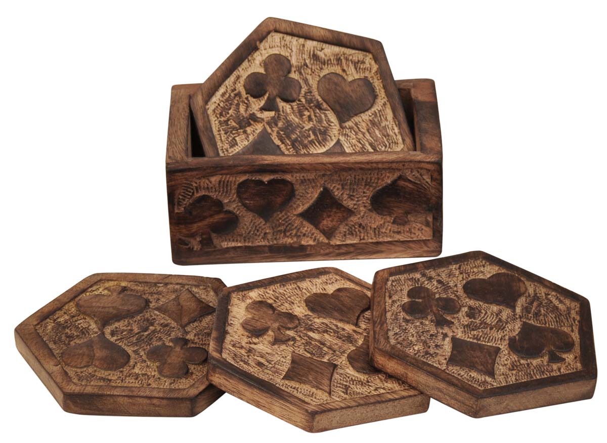 Bulk Wholesale Wood Coasters with Holder in Hexagonal Shape - Set of 4 - Hand-Carved Motifs of 4 Suits of Playing Cards - Dining Table Essentials/Kitchen Accessories