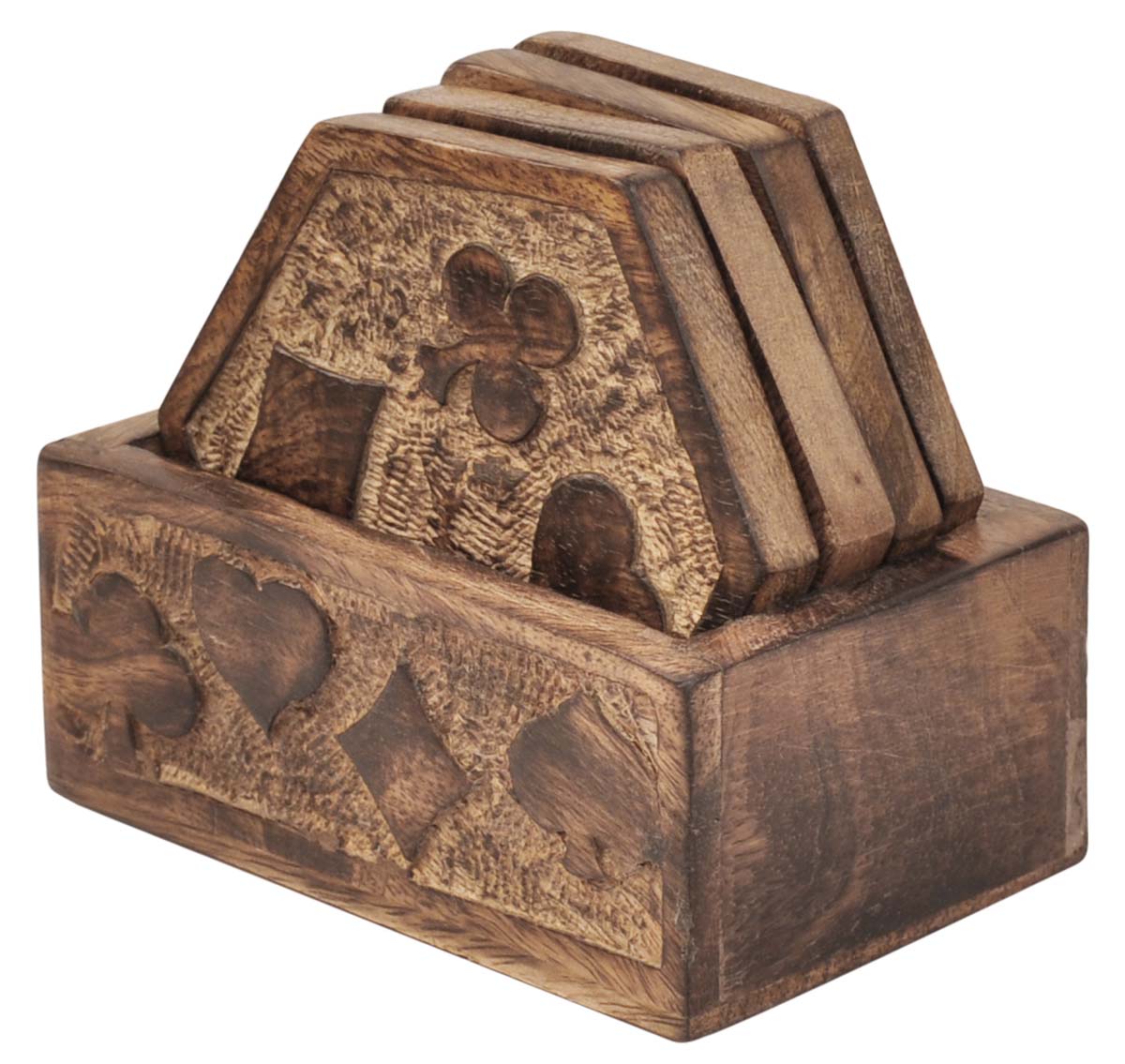 Bulk Wholesale Wood Coasters with Holder in Hexagonal Shape - Set of 4 - Hand-Carved Motifs of 4 Suits of Playing Cards - Dining Table Essentials/Kitchen Accessories