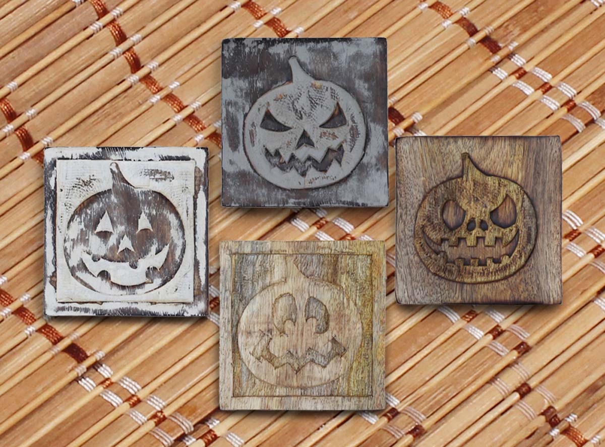 Buy in Bulk Wholesale Wooden Coasters with Holder - Set of 4 - Hand-Carved with Motifs of Halloween Pumpkins 3.9” - Distressed-Look Dining Table Essentials/Kitchen Accessories - Holiday Special