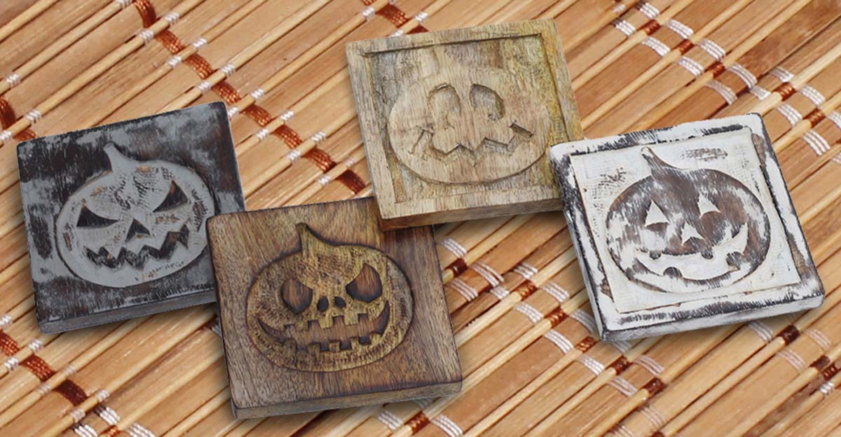 Buy in Bulk Wholesale Wooden Coasters with Holder - Set of 4 - Hand-Carved with Motifs of Halloween Pumpkins 3.9” - Distressed-Look Dining Table Essentials/Kitchen Accessories - Holiday Special