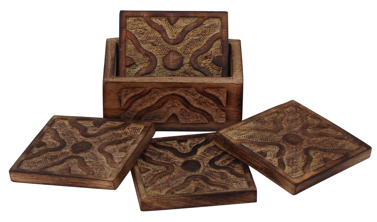 Wholesale Set of 4 Wooden Beverage Coasters & Holder - Square Coasters - Burnished Wood Finish Abstract Carved Pattern - Buy Bulk Bar/Dinning Accessories