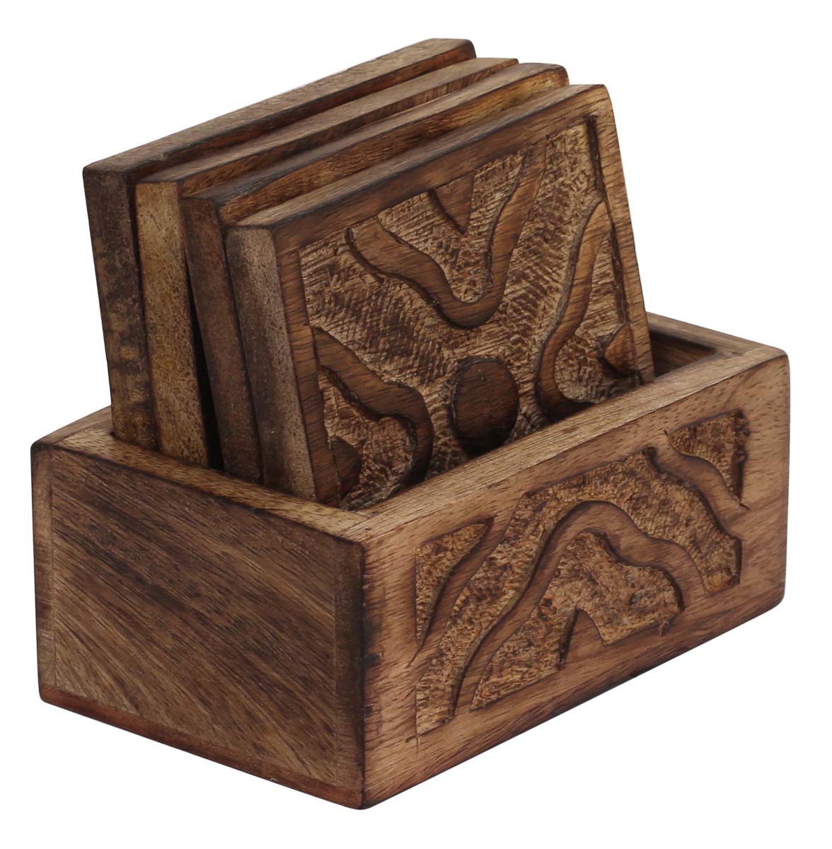 Wholesale Set of 4 Wooden Beverage Coasters & Holder - Square Coasters - Burnished Wood Finish Abstract Carved Pattern - Buy Bulk Bar/Dinning Accessories