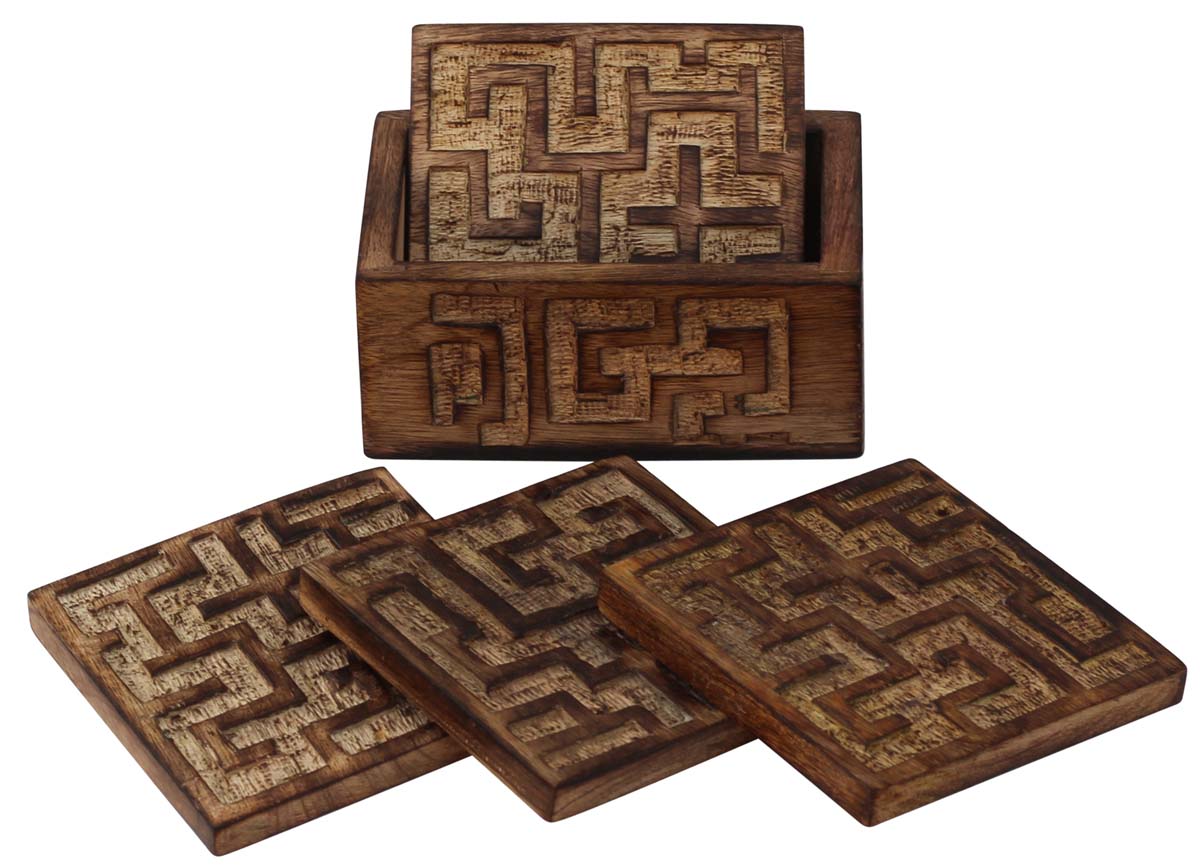 Bulk Wholesale Wooden Coasters with Holder - Set of 4 - Hand-Carved 4” Maze - Dining Table Essentials/Kitchen Accessories