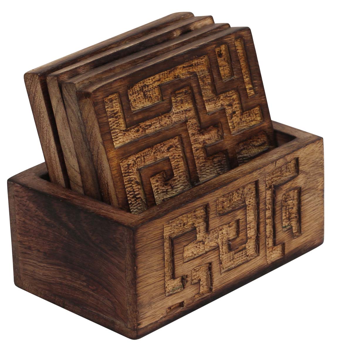 Bulk Wholesale Wooden Coasters with Holder - Set of 4 - Hand-Carved 4” Maze - Dining Table Essentials/Kitchen Accessories