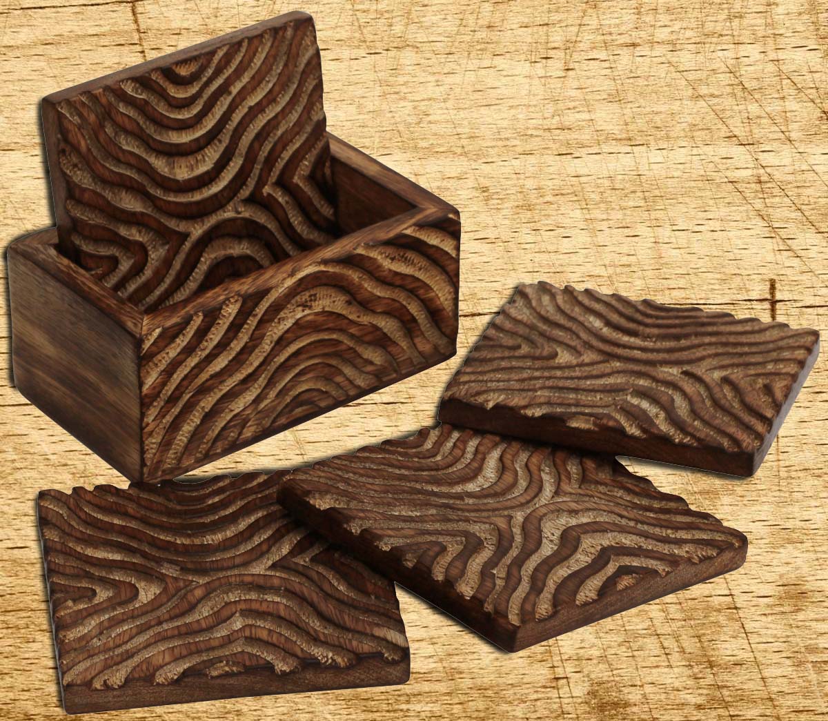 Wooden Coasters - Set of 4 - With Hand-Carving of Sand Waves - Distressed-Look Dining Table Essentials / Kitchen Accessories - Unique Gifts - Buy in Bulk Wholesale