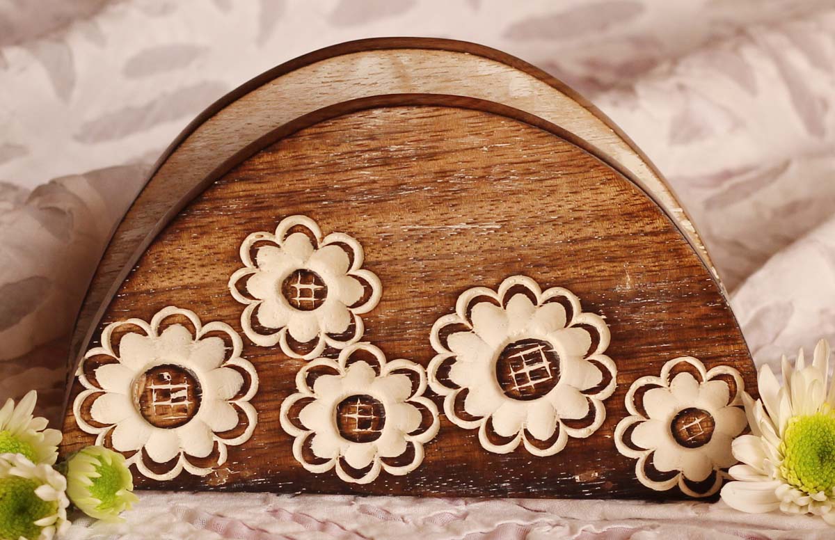 Buy in Bulk Wholesale Wooden Napkin Holder - 5.8” Handcrafted Tissue Holder with Floral Motifs Distressed-Look Dining/Kitchen Essentials from India - Home Decor