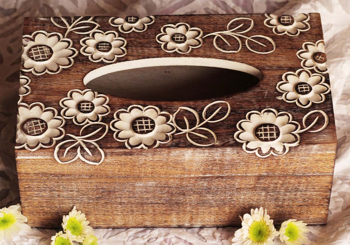 Buy in Bulk Wholesale Wooden Tissue Box with Floral Motifs - 10” Handcrafted Large Napkin Holder Box - Antique-Look Dining/Kitchen Essentials from India - Home Decor