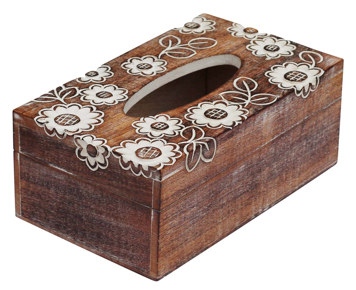 Buy in Bulk Wholesale Wooden Tissue Box with Floral Motifs - 10” Handcrafted Large Napkin Holder Box - Antique-Look Dining/Kitchen Essentials from India - Home Decor