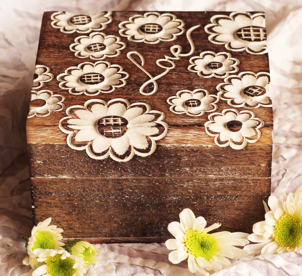 Wholesale Wooden 5” Square Jewelry Box - Bulk Buy Handmade Storage Box/Keepsake Box/Trinket Box with Hand Carved Floral Motifs & ‘Love’ - Antique-Look Boxes from India