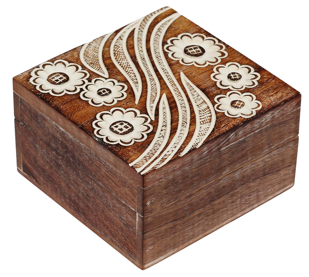 Brown Square Shaped 5” Jewelry Box in Bulk - Wholesale Wooden Jewelry Box/Trinket Box with Floral Motifs in White from India