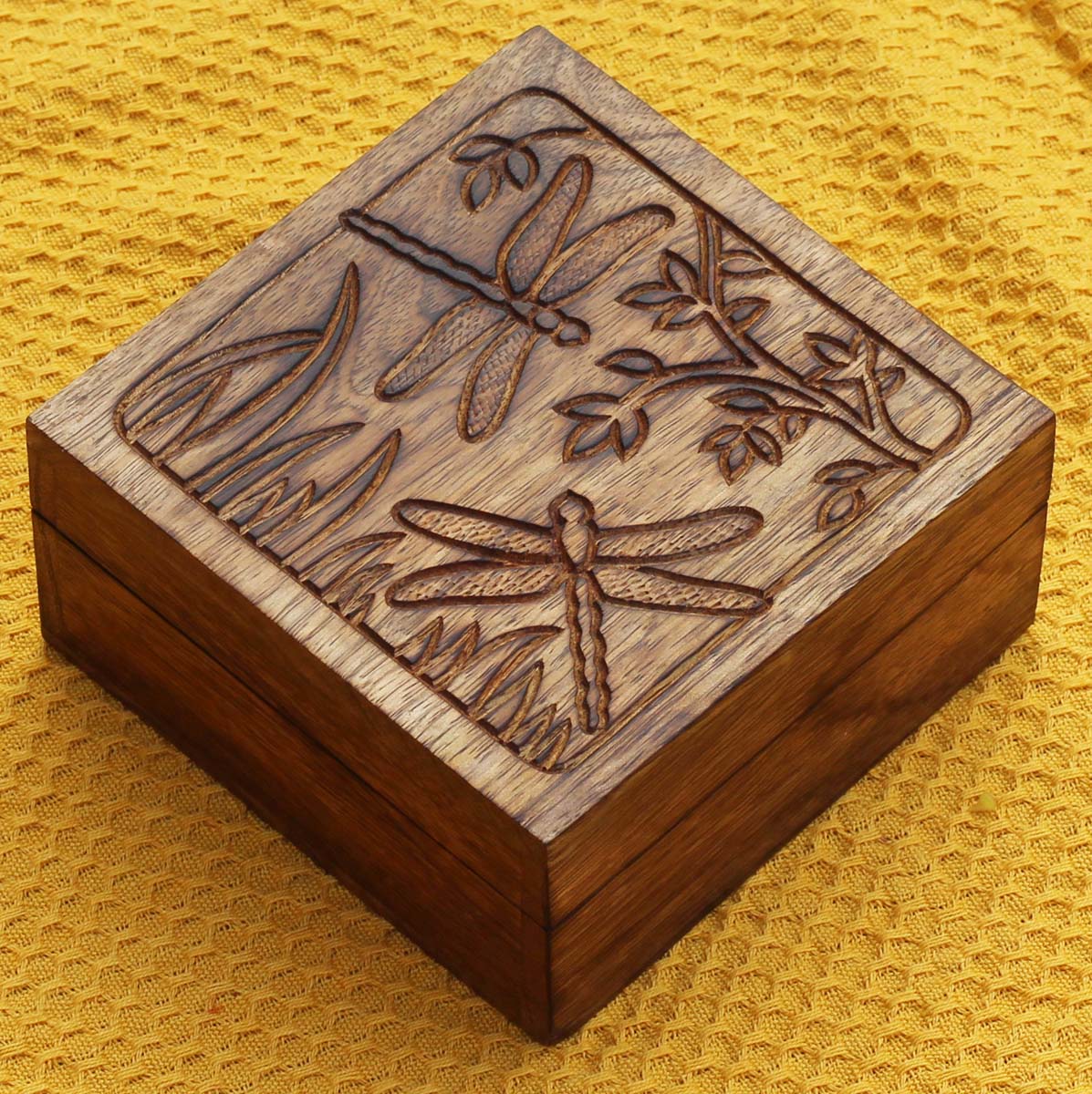 5” Hand-Carved Square Wooden Jewelry / Keepsake Box with Dragonfly & Floral Motifs – Decorative Mango-Wood Box – Gifts for Her