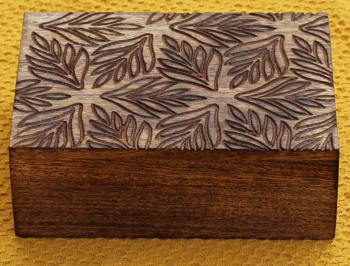 7” Hand-Carved Rectangular Wooden Jewelry / Keepsake Box with Fern Motifs – Decorative Mango-Wood Box – Gifts for Her